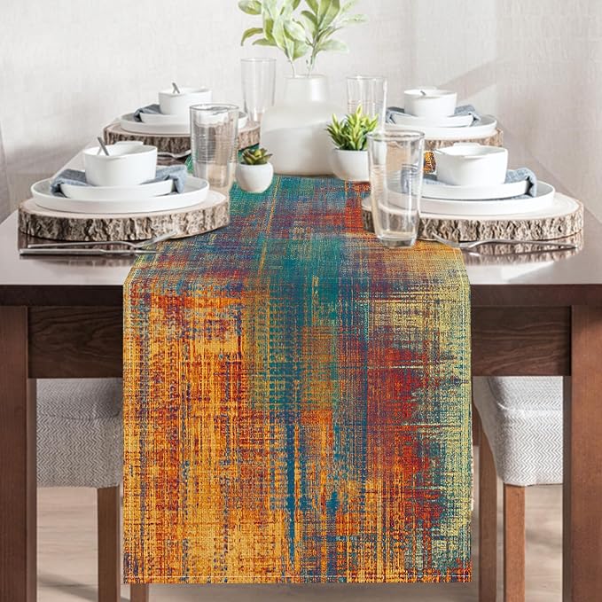 Vintage Blue Orange Dining Table Runner, Retro Abstract Messy Rust | Painting - Image 5