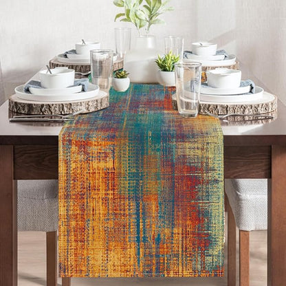 Vintage Blue Orange Dining Table Runner, Retro Abstract Messy Rust | Painting - Image 5