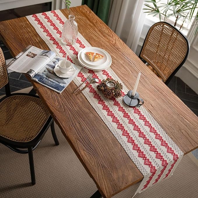 Macrame Table Runner Beige and Red Heart Table Runners - Image 6