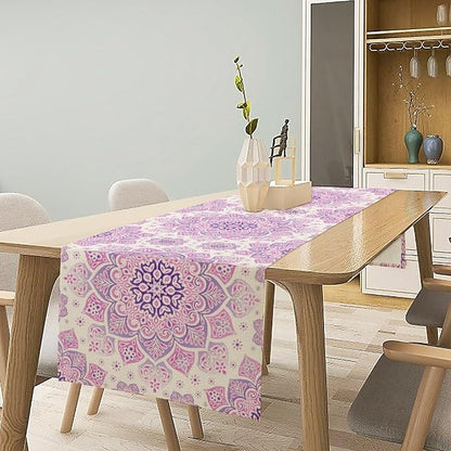 Purple Pink Mandala Table Runner, Traditional Indian Boho Mandala Flowers Print - Image 2