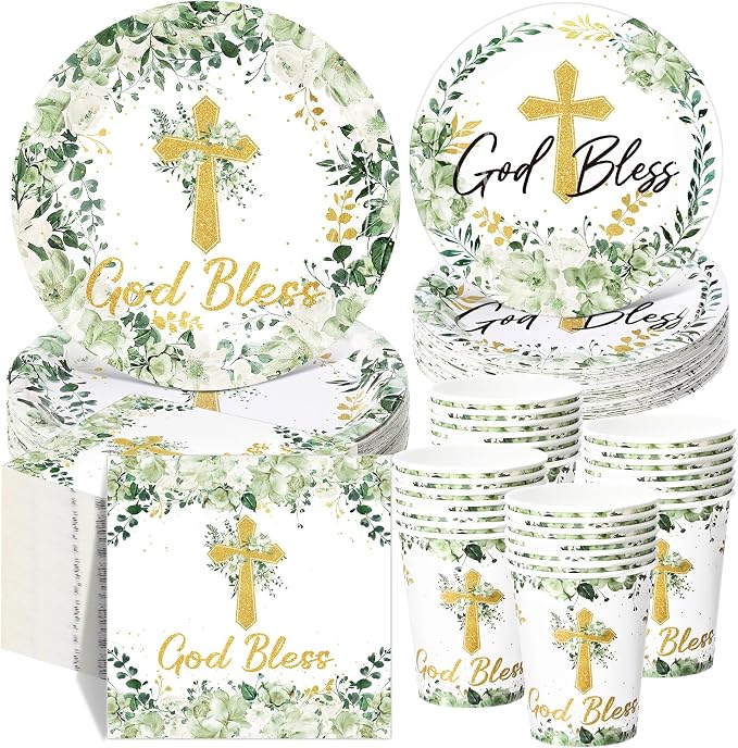 Pickmesh 250 Pcs God Bless Baptism Party Supplies Sage Green Disposable Paper by Pickmesh