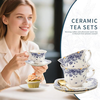 TATSUMI Country Roses Bone China Tea Cup and Saucer Set, 6 Pieces, Vintage Style - Image 3