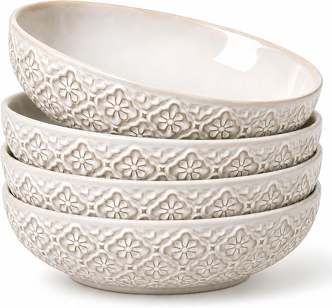 8 inch Pasta Bowls, 22 Oz Ceramic Serving Bowls Set of 4, Embossed Porcelain by FEENMAICeramicHome