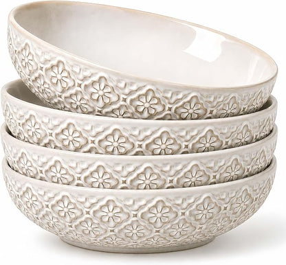 8 inch Pasta Bowls, 22 Oz Ceramic Serving Bowls Set of 4, Embossed Porcelain by FEENMAICeramicHome