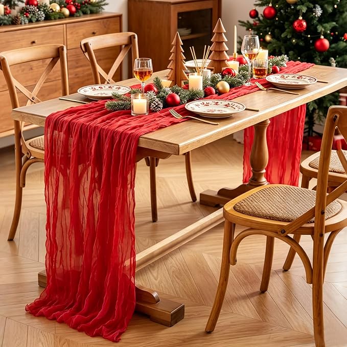 Red Cheesecloth Table Runner, 10FT Rustic Christmas Red Boho Gauze Table Runner - Image 6