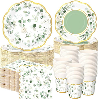 Funnymoom 250 Pcs Sage Green Color Party Decorations Eucalyptus Greenery Plates by Funnymoom