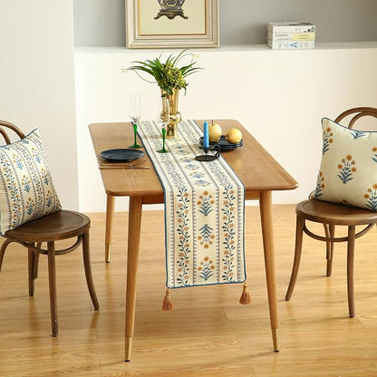 Designer French Linen Long Table Runner, Pale Yellow Floral Pattern, Dining - Image 9