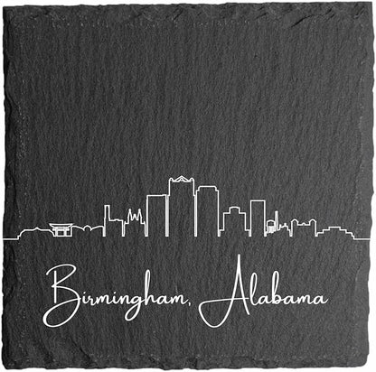 Blue Ridge Mountain Gifts - Birmingham AL Skyline Coasters, Set of 4 - Birmingham Alabama Souvenir, Slate Coasters with Minimalist Skyline, Housewarming Gift for Friends, Family, & Neighbors