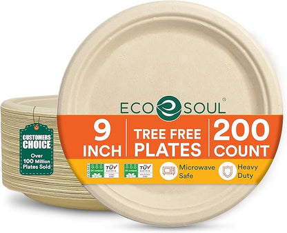 ECO SOUL Compostable 9 Inch(200-Pack) Biodegradable Heavy-Duty Disposable Eco-Friendly Paper Plates for Dinner & Parties, Wedding, Event