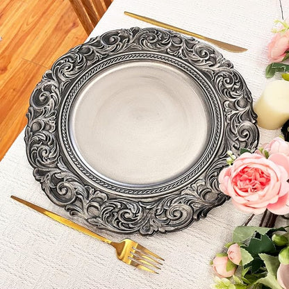 Antique Silver Charger Plates Embossed Rim, 13 Inch Dinner Plate Chargers Round - Image 2