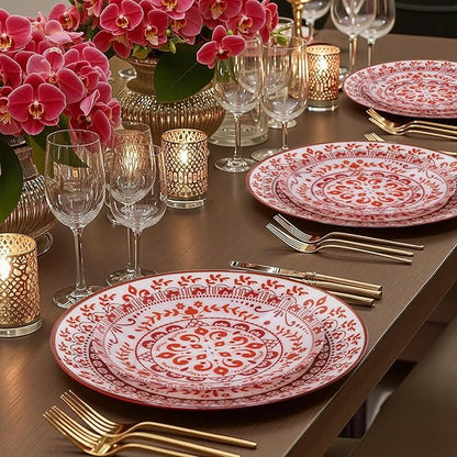 Hioasis 60pcs Red Plastic Plates Set - Floral Red & White Porcelain Design, 10.25" Dinner & 7.5" Dessert Plates Disposable for Christmas (Dishwasher Safe, Traditional Style)