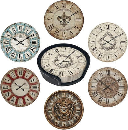 Clock Coasters for Drinks with Holder Round Leather Coasters Set of 6 Cups Mugs Mat Pad for Home Kitchen Bar
