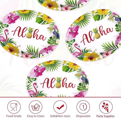 50Pcs Hawaiian Luau Oval Paper Plates 10" X 12" Disposable Tropical Aloha Party Supplies Heavy Duty Hawaiian Hibiscus Floral Luau Party Plate for Tropical Holiday Beach Birthday Party Decoration