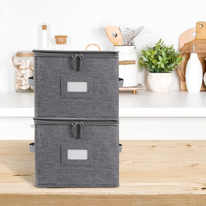 popoly China Storage Containers Hard Shell Inside 10" W x 8" H, Salad Plate Storage Containers for Dishes, Dinnerware with 24 Felt Dividers, Hold 24 Plates, Foldable and Stackable (2 Pack Grey)