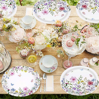 50Pcs Wildflower Oval Paper Plates 10" x 12" Heavy Duty Disposable Watercolor Flowers Butterfly Party Plates Floral Dessert Platters for Wedding Wildflower Baby Shower Birthday Picnic Party Supplies
