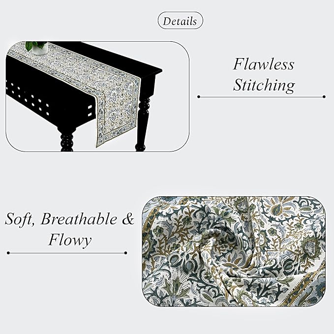Indigo Floral Hand Block Print 100% Cotton Reusable Table Runner 16" X 70" - Image 3