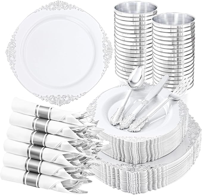 210 Pcs White Silver Plates for Party | White Party Plates Set for 30 Guests by Hioasis
