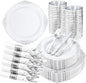 210 Pcs White Silver Plates for Party | White Party Plates Set for 30 Guests by Hioasis