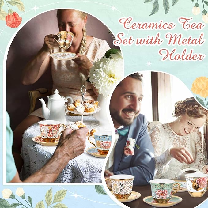 Teenyyou Set of 12 Tea Cups and Saucers Tea Party Decorations Floral Porcelain - Image 6