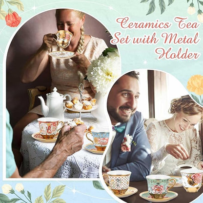 Teenyyou Set of 12 Tea Cups and Saucers Tea Party Decorations Floral Porcelain - Image 6
