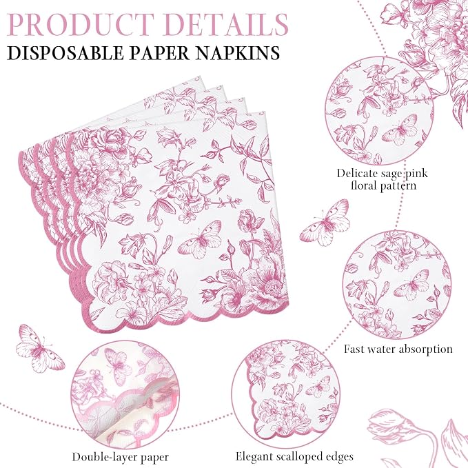 Willinglong 120 Pcs Floral Scalloped Paper Plates and Napkins Set, 2-ply Napkins - Image 3