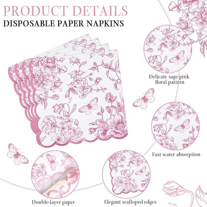 Willinglong 120 Pcs Floral Scalloped Paper Plates and Napkins Set, 2-ply Napkins - Image 3