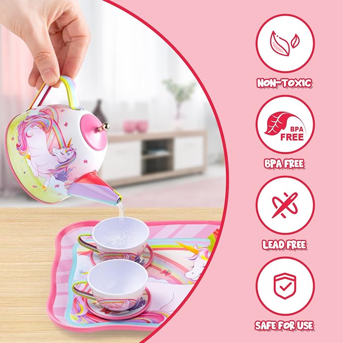 JOYIN Unicorn Tea Party Set for Little Girls, Pretend Pink Tin Teapot Set - Image 3