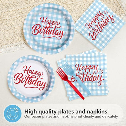 96 Pcs Blue Gingham Birthday Party Decorations, Serves 24 | Blue and White - Image 3