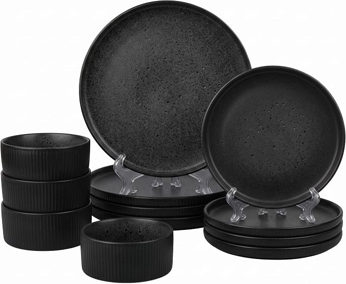 Sango 12 Pieces Stoneware Fluted Dinnerware Set, Modern Black Dishes by Sango