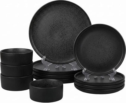 Sango 12 Pieces Stoneware Fluted Dinnerware Set, Modern Black Dishes by Sango