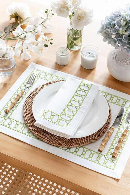 Hofdeco Premium Coastal Patio Indoor Outdoor Placemat Set of 4, 14"x19" Double-Layered, Waterproof Cloth Placemat for Kitchen or Dining Table. Green Embroidered Frame