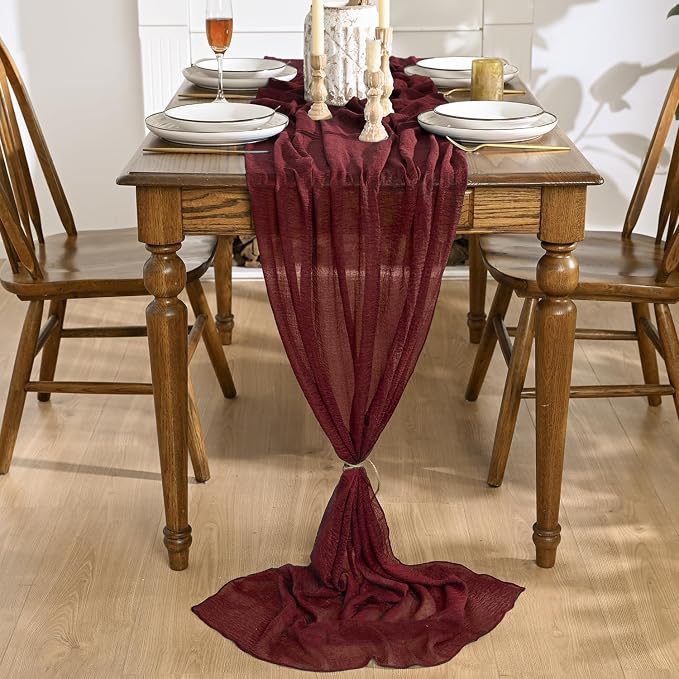 Artoid Mode 6PC Boho Cheesecloth Gauze Burgundy Wedding Table Runner, 120 Inch by ArtoidMode
