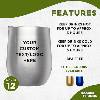 Custom Stemless Wine Glass Tumblers with Lids by Largo 11 oz. Set of 12, Personalized Bulk Pack - Perfect for Wine, Cocktails, Other Hot & Cold Beverages - Silver