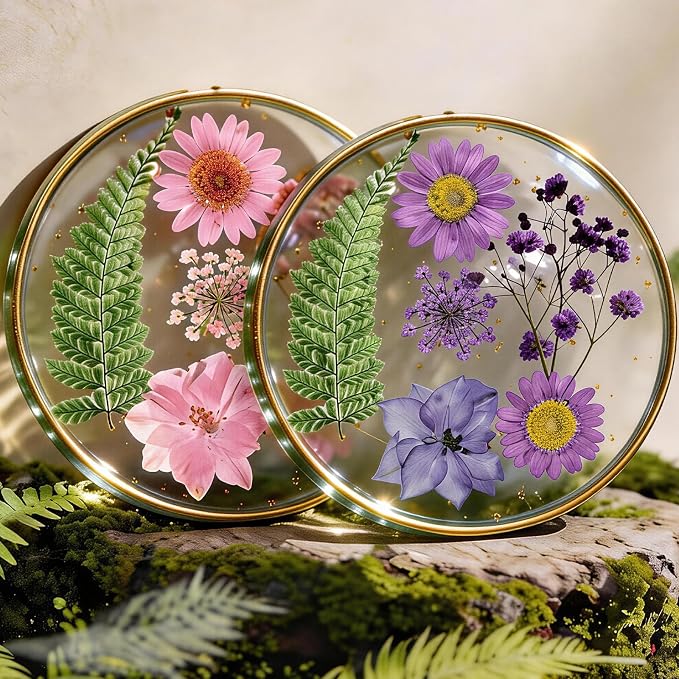 Oqplog Resin Drink Coasters for Desk Coffee Table-Pink&Purple Dried Flowers by Oqplog