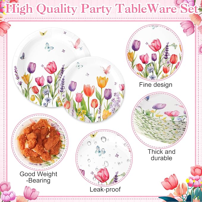 250 Pcs Floral Party Decorations Include Lavender Tulip Butterfly Paper Plates - Image 3