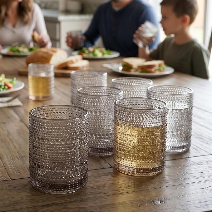 Khen Beaded Tumbler Drinking Glasses Set | Set of 6 | Vintage Hobnail 11 OZ - Image 6