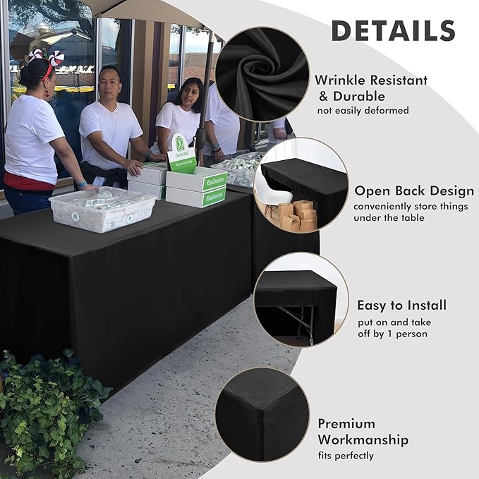 Nasitos 4 Pack Fitted Black Tablecloths for 6 foot Rectangular Tables-Washable and Wrinkle Resistant Trade Show Table Cover, Open Back Folding Table Cloth for Craft Show, Parties, Events, Vendor Booth