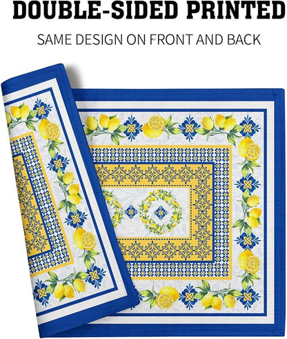 Lemon Summer Table Placemats for Dining 12 x 18 Inch Set of 4，Blue Yellow Boho Heat-Resistant Washable Table Non-Slip Rectangle Place Mat for Seasonal Party Kitchen Dining Table Decor