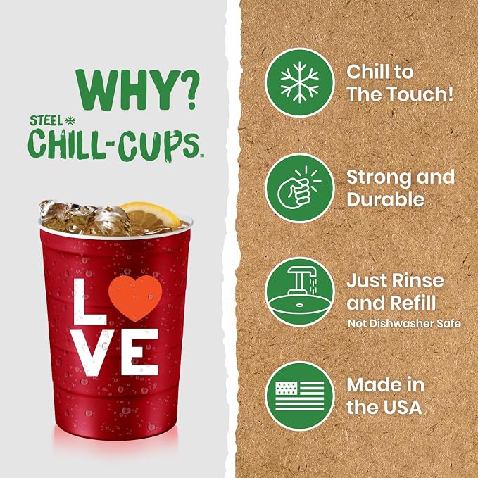 Steel Chill Cups 16 oz. Reusable Party Cups, Love & Heart Design, 100% - Image 3