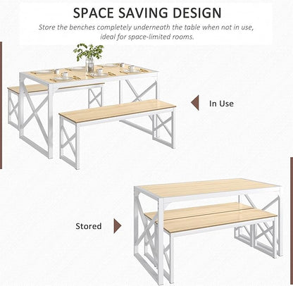 VECELO Kitchen Dining Table Set for 4 to 6, 55" Wood Dinette 2 Benches with Metal Frame for Dinner Breakfast Nook and Small Space, Oak