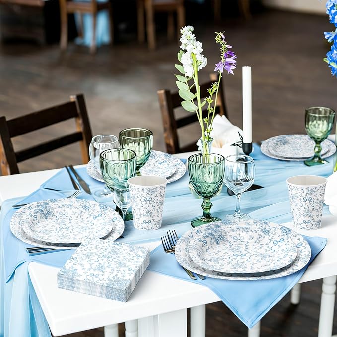 LemonRoad 150 Pcs Blue Bow Floral Disposable Plates and Napkins Bow Coquette - Image 5