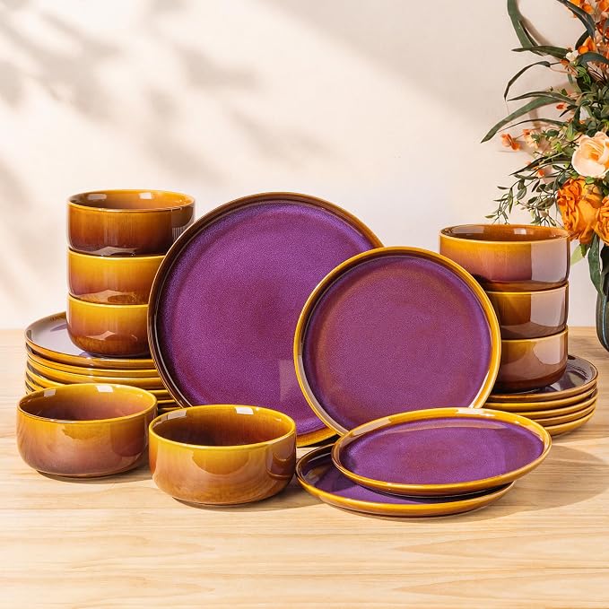 Ceramic Dinnerware Set for 8, 24-Piece Plates and Bowls Set | Handmade Reactive by TheTerra