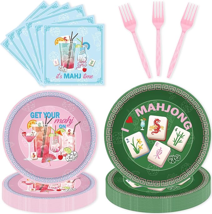 96 Pcs Mahjong Party Decorations, Mah Jong Cocktail Theme Plates Napkins Forks by EoBeCy