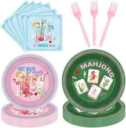 96 Pcs Mahjong Party Decorations, Mah Jong Cocktail Theme Plates Napkins Forks by EoBeCy