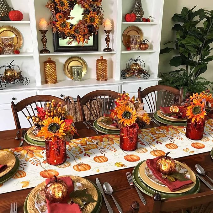 Orange Pumpkin Fall Table Runner 72 Inches Long, Thanksgiving Maple Eucalyptus - Image 6