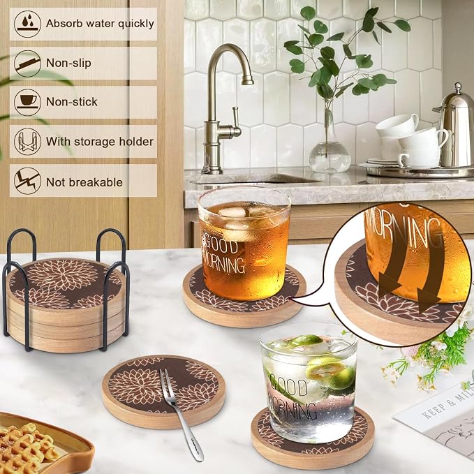 Wood Coasters Set of 6 with Holder, Cewiru Cup Mat - Image 2