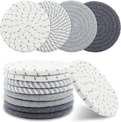 8 Pcs Drink Coasters, Minimalist Cotton Woven Coaster Set, 4 Colors Absorbent Coaster Protection Protection for Various Cups, Ideal for Coffee Tables and Home Decor Tabletop, 4.3 Inches