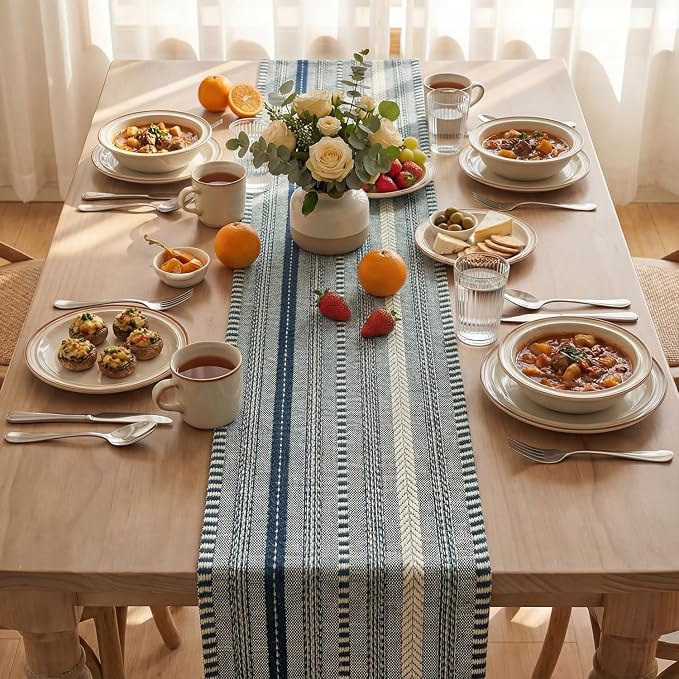 Artoid Mode Dark Blue Farmhouse Stripe Braided Table Runner 12x90 Inch | - Image 3