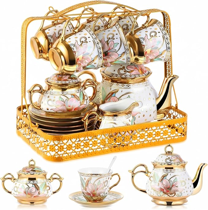 22 Pcs Porcelain Tea Set with Metal Holder, Vintage European Floral Tea Set by Suttmin