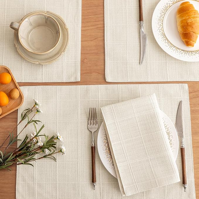 Linen Checked Placemats Set of 6, Ivory Rustic Place Mats 12x18 Inch | Raised - Image 3